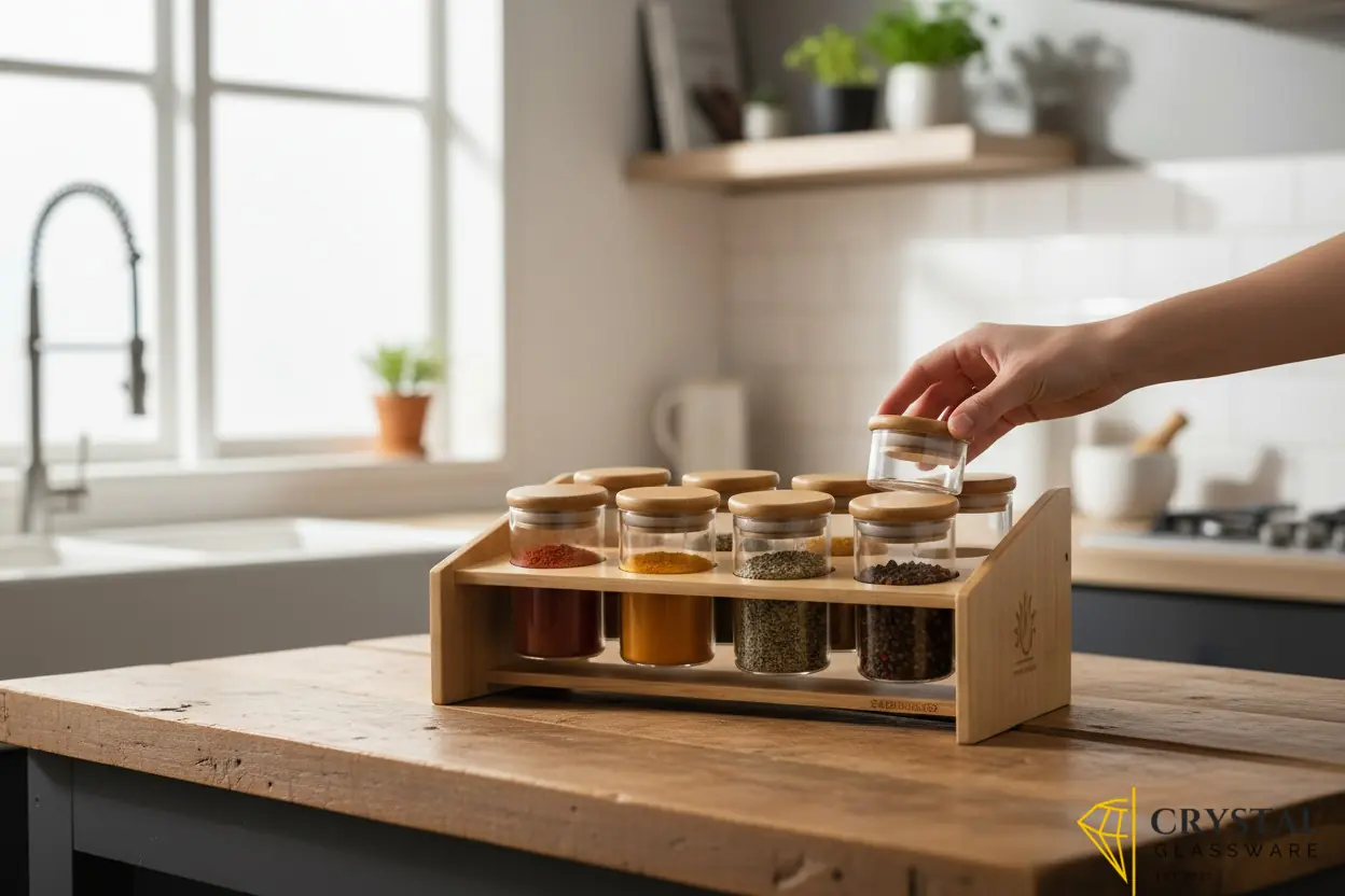 Spice rack set 8 glass jars with matching airtight bamboo lids